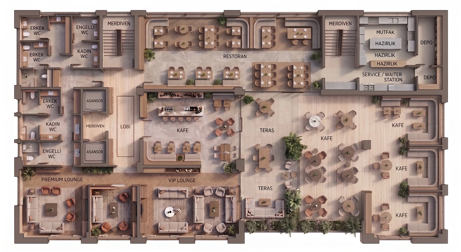 Restoran ve kafe alanları temsili üst kat planı